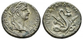 Egypt, Alexandria. Dattari. Nero, 54-68 Tetradrachm circa 58-59 (year 5), billon 25.5mm., 13.72g. Laureate head r. Rev. Coiled Agathodaimon serpent wi...