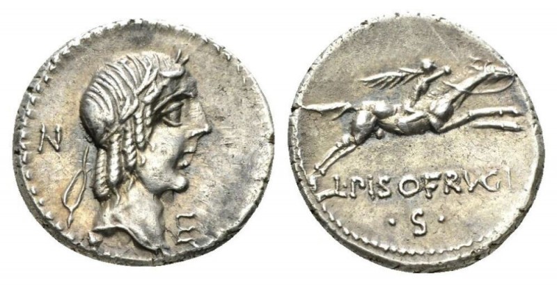 L. Calpurnius Piso Frugi. Denarius circa 90, AR 18mm., 3.85g. Laureate head of A...