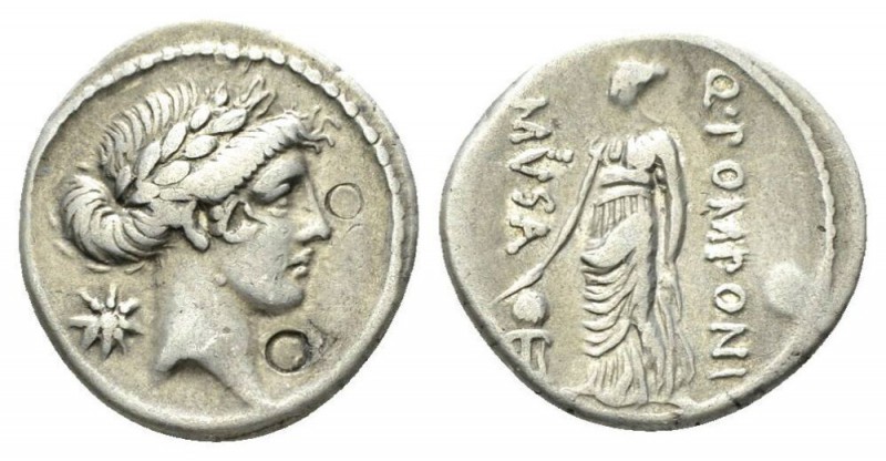 Q. Pomponius Musa. Denarius circa 66, AR 18mm., 3.86g. Laureate head of Apollo r...