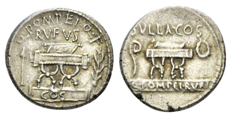 Q. Pompeius Rufus. Denarius circa 54, AR 18mm., 3.81g. Q·POMPEI·Q·F / RVFVS Curu...