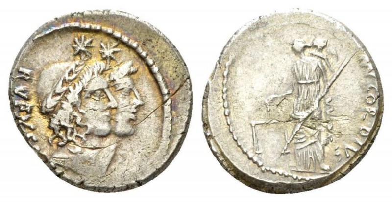 Mn. Cordius Rufus. Denarius circa 46, AR 18.5mm., 4.13g. Jugate heads of the Dio...