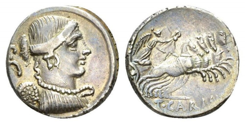 T. Carisius. Denarius circa 46, AR 17mm., 4.09g. Draped bust of Victory r.; behi...