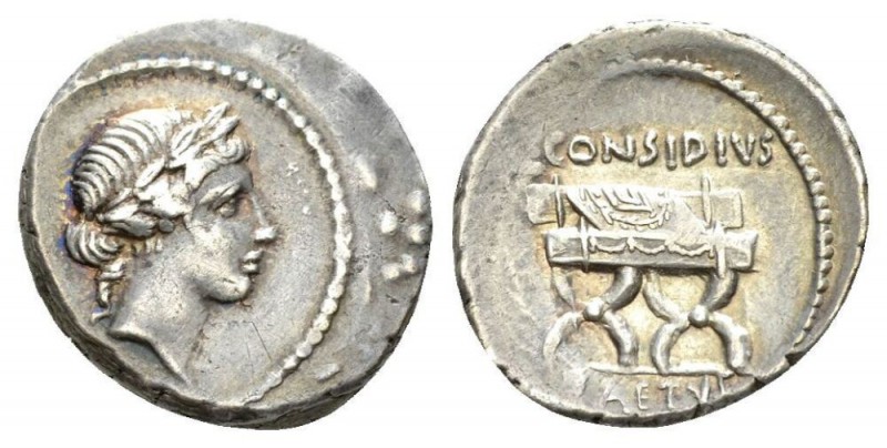 T. Considius Paetus Denarius circa 46, AR 19mm., 3.75g. Laureate head of Apollo ...