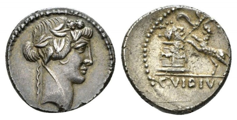 C. Vibius Varus. Denarius circa 42, AR 17.5mm., 4.05g. Head of Liber r., wearing...