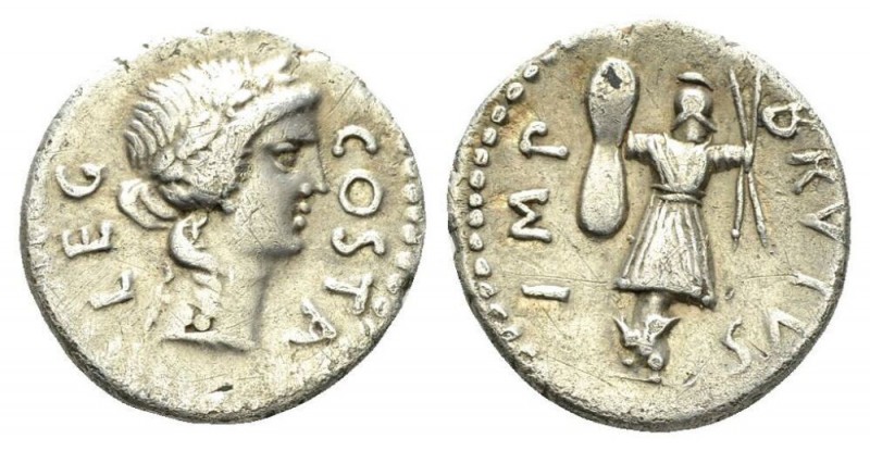 M. Iunius Brutus and Pedanius Costa. Denarius mint moving with Brutus 43-42,, AR...