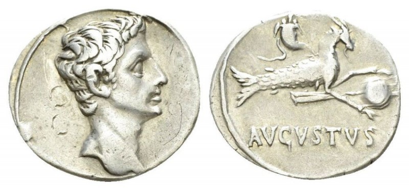 Octavian as Augustus, 27 BC – 14 AD Denarius Colonia Patricia circa July 18-17/1...