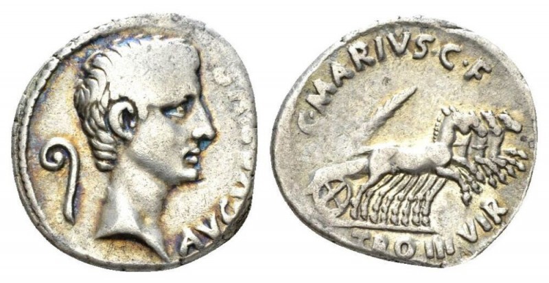 Octavian as Augustus, 27 BC – 14 AD Denarius circa 13 BC, AR 19.5mm., 3.83g. AVG...