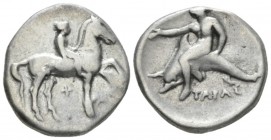 Calabria, Tarentum Nomos circa 380-335, AR 21.5mm., 7.65g. Naked ephebos on advancing r. on horse: below, +. Rev. Oecist dismounting from dolphin l., ...