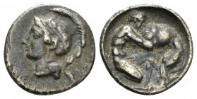 Calabria, Tarentum Diobol circa 325-280, AR 12.5mm., 1.08g. Calabria, circa 325-280, AR 11mm, 1.08g. Head of Athena l., wearing crested Attic helmet. ...