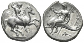 Calabria, Tarentum Nomos circa 315-300, AR 21mm., 7.68g. Naked ephebos on prancing horse r., holding in l. hand, reins shield and two spears and strik...