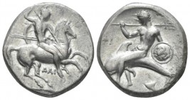 Calabria, Tarentum Nomos circa 302-280, AR 19.5mm., 7.67g. Warrior, holding shield and two spears, preparing to cast a third, on horseback r.; below, ...