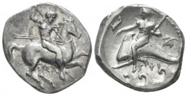 Calabria, Tarentum Nomos circa 290-280, AR 20mm., 7.83g. Nude warrior, holding two spears and preparing to throw a third, shield on l. arm, on horseba...