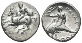 Calabria, a Tarentum Nomos circa 280-272, AR 20.5mm., 7.82g. Nude warrior, holding round shield, on horseback l. Rev. Oecist riding dolphin l., holdin...