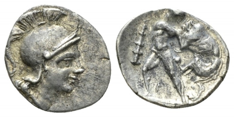 Calabria, Tarentum Diobol circa 280-228, AR 12mm., 0.98g. Helmeted head of Athen...