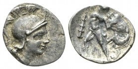Calabria, Tarentum Diobol circa 280-228, AR 12mm., 0.98g. Helmeted head of Athena r. Rev. Heracles strangling Nemean lion. SNG ANS 1452. Historia Numo...