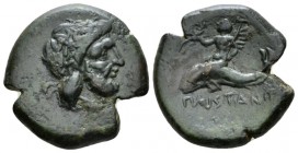 Lucania, Paestum Unit circa 264-241 first punic war, Æ 20.5mm., 6.14g. Laureate and bearded head of Neptune r.Rev. ΠAISTANO Neptune riding dolphin l.,...
