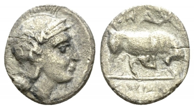 Lucania, Thurium Triobol circa 300-280, AR 11mm., 1.00g. Head of Athena r., wear...