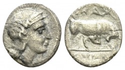 Lucania, Thurium Triobol circa 300-280, AR 11mm., 1.00g. Head of Athena r., wearing crested Attic helmet. Rev. Bull charcing r., crowned by Nike above...