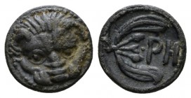 Bruttium, Rhegium Obol circa 415-387, AR 9.5mm., 0.74g. Lion mask. Rev. PH and olive sprig. Herzfelder pl. XI, J. Historia Numorum Italy 2499.

Dark...