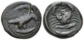 Sicily, Agrigentum Tetras circa 425-406, Æ 19.5mm., 7.93g. Eagle flying r.; holding fish. Rev. Crab; below, two fishes. Calciati 75. SNG ANS 1047.

...