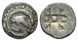 Sicily, Messana as Zankle Litra circa 500-493, AR 10mm., 0.59g. Dolphin l.; around linear. Rev. Shell, within square, divided in nine areas. SNG Copen...