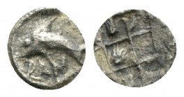 Sicily, Messana as Zankle Tetartemorion circa 500-493, AR 7.5mm., 0.08g. Dolphin l. within sickle-shaped harbor. Rev. Nine part incuse square with sca...