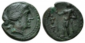 Sicily, Messana, The Mamertini Onkia circa 215-202, Æ 13.5mm., 2.32g. Head of Aphrodite r.; dove in l. field. Rev. Warrior standing l., holding sheath...