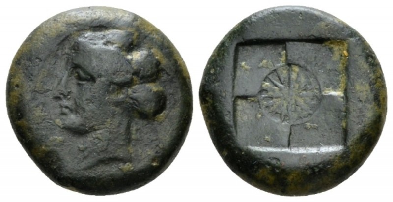Sicily, Syracuse Hemilitra circa 405, Æ 16mm., 4.81g. Head of Arethusa l. Rev. Q...