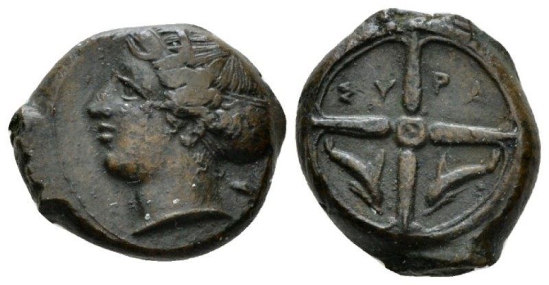 Sicily, Syracuse Hemilitron circa 405, Æ 16.5mm., 4.29g. Head of Arethusa l., we...