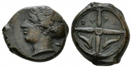 Sicily, Syracuse Hemilitron circa 405, Æ 16.5mm., 4.29g. Head of Arethusa l., wearing sphendone. Rev. Wheel of four spokes; dolphins in lower quarters...