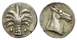 The Carthaginians in Sicily and North Africa, Uncertain Sicilian mint Fraction IV cent., AR 9.5mm., 0.65g. Palm tree. Rev. Head of horse r. SNG Copenh...
