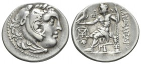Kingdom of Macedon, Alexander III, 336 – 323 and posthumous issue Chios Drachm circa 290-275, AR 21.5mm., 4.12g. Head of Herakles r., wearing lion-ski...