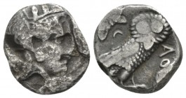 Attica, Athens Drachm after 449, AR 12.5mm., 4.04g. Head of Athena r., wearing Attic helmet decorated with olive leaves and palmettae. Rev. Owl standi...