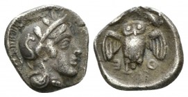 Attica, Athens Trihemiobol after 449, AR 11.5mm., 1.03g. Head of Athena r., wearing Attic helmet decorated with olive leaves and palmettae. Rev. Owl f...