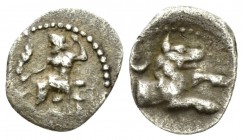 Cilicia, Tarsus Obol IV cent., AR 10.5mm., 0.56g. Baal seated l. Rev. Forepart of wolf r.; above, crescent BMC 86. SNG Levante 225.

Toned. Very Fin...