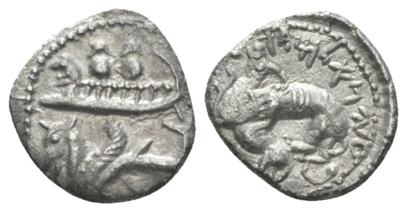 Phoenicia, Byblos 1/8 Shekel circa 365-350, AR 9.5mm., 0.66g. Two warriors, hold...