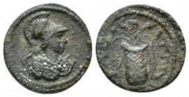 Aeolis, Elaea Pseudo autonomous issues. Bronze circa II cent. Time of Marcus Aurelius-Commodus., Æ 15mm., 2.43g. Bust of Athena r., wearing Corinthian...