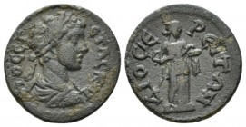 Lydia, Dioshieron Geta Caesar, 198-209 Bronze circa 198-209, Æ 16mm., 2.71g. Laureate, draped and cuirassed bust r. Rev. Hygieia standing facing to r....