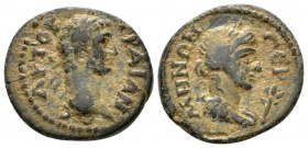 Lydia, Germe Trajan, 98-117 Bronze circa 98-117, Æ 18mm., 2.21g. Laureate head r. Rev. ΓΕΡMHNΩΝ Laureate and draped bust of Apollo r.; laurel branch i...