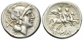 Denarius circa 214-213, AR 20.5mm., 4.17g. Helmeted head of Roma r.; behind, X. Rev. The Dioscuri galloping r.; in exergue, ROMA. Sydenham 167. RBW 16...
