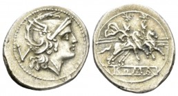 Quinarius circa 214-213, AR 17.5mm., 2.25g. Helmeted head of Roma r.; behind, V and beneath neck truncation, pellet. Rev. The Dioscuri galloping r.; i...