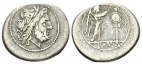 Victoriatus from 211, AR 19.5mm., 3.01g. Laureate head of Jupiter r. Rev. Victory r., crowning trophy; in exergue, ROMA. Sydenham 230. Crawford 53/1....