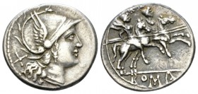 Anonymous issue Denarius ncertain mint after 211, AR 20.5mm., 4.40g. Helmeted head of Roma r.; behind, X. Rev. The Dioscuri galloping r.; in exergue, ...
