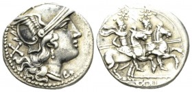 Denarius Sicily circa 209-208, AR 19.5mm., 4.06g. Helmeted head of Roma r.; behind, X. Rev. The Dioscuri galloping r.; below, staff and ROMA in linear...