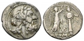 Victoriatus uncertain mint circa 211-208, AR 18mm., 2.63g. Laureate head of Jupiter r. Rev. Victory crowning trophy; in lower field, VB ligate and in ...