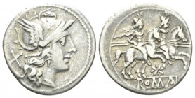 Denarius circa 206-195, AR 19mm., 3.62g. Helmeted head of Roma r.; behind, X. Rev. The Dioscuri galloping r.; below, eight-rayed star and ROMA in part...