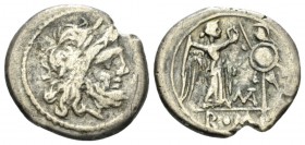 Matienus Victoriatus circa 179-170,, AR 17mm., 2.43g. Laureate head of Jupiter r. Rev. Victory crowning trophy; in lower centre field, MAT ligate and ...