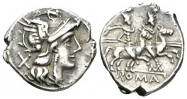 Matienus Denarius circa 179-170, AR 17.5mm., 3.50g. Helmeted head of Roma r.; behind, X. Rev. The Dioscuri galloping r.; below, MAT ligate and ROMA in...