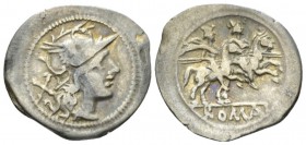 Anonymous issue Denarius circa 179-170, AR 21.5mm., 2.61g. Helmeted head of Roma r.; behind, X. Rev. The Dioscuri galloping r; below, ROMA in partial ...