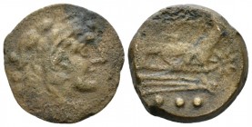 Unofficial Issue. Quadrans after 150, Æ 18mm., 3.68g. Head of Hercules r., wearing lion's skin; behind, three pellets. Rev. ROMA Prow r.; before, eigh...